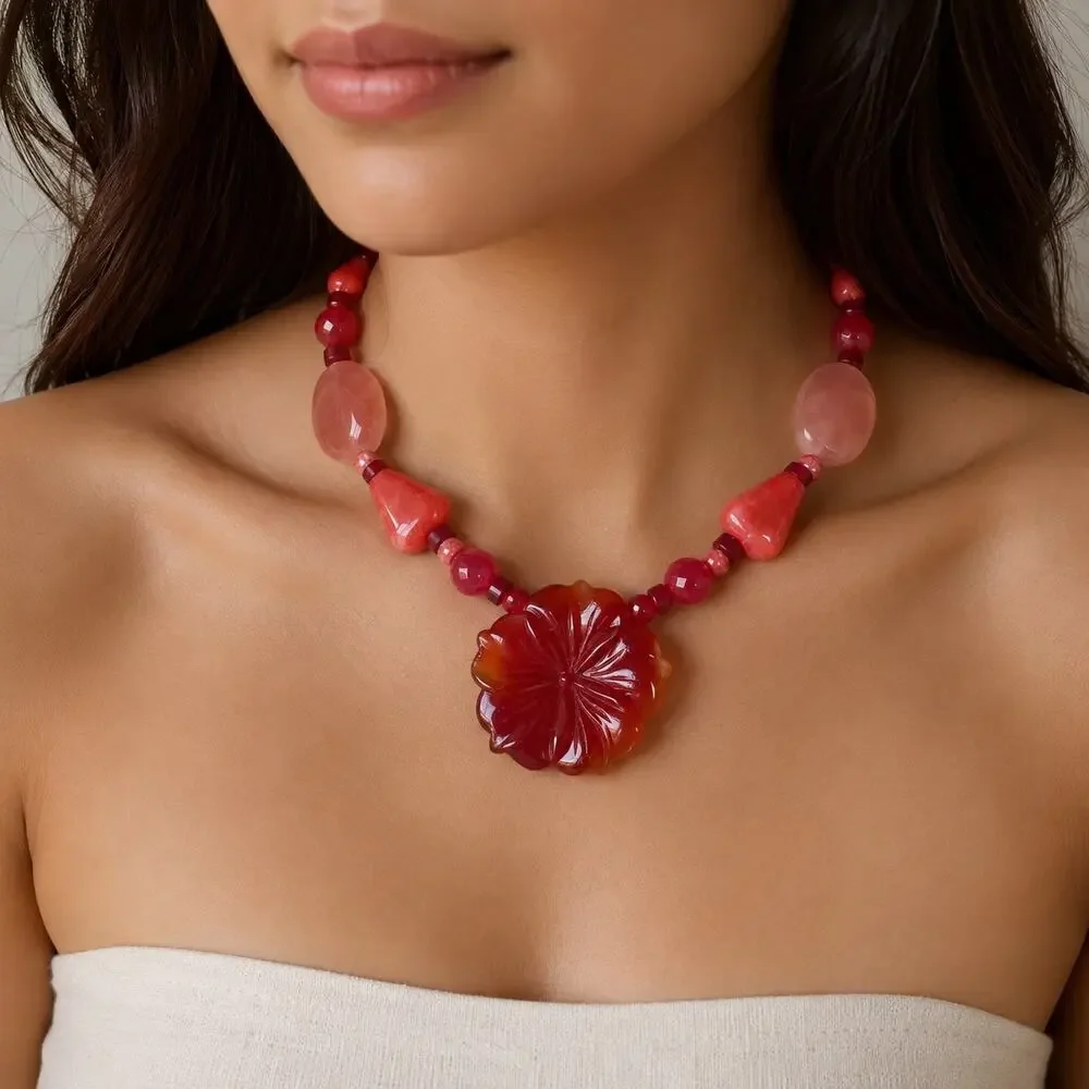 Chico's Orange Beaded Floral  Pendant Necklace